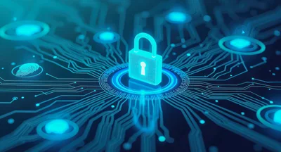 Digital Security Padlock Icon On Circuit Board Background