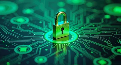 Digital Padlock Resting On A Glowing Circuit Board