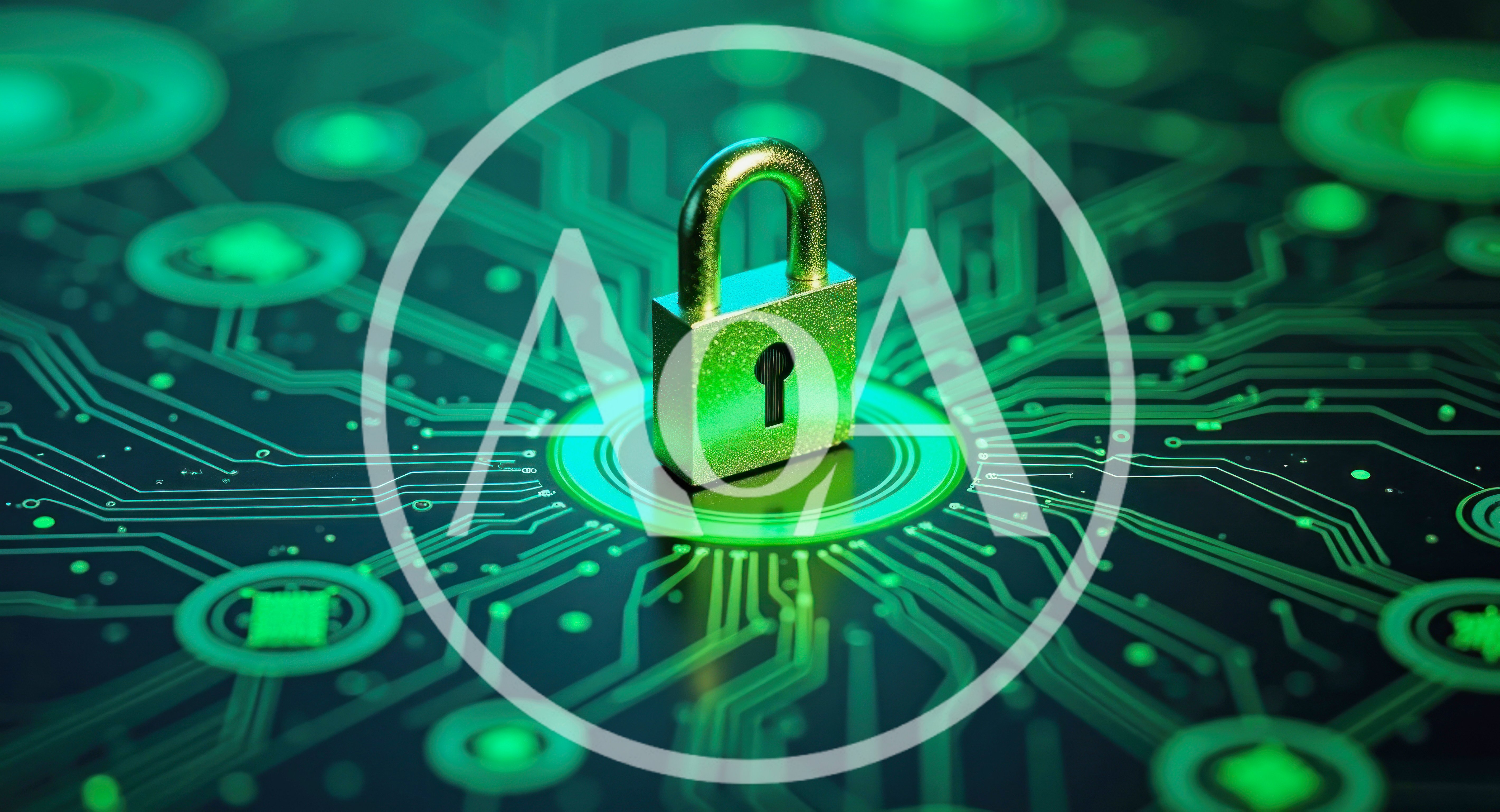 Digital Padlock Resting On A Glowing Circuit Board