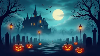 Spooky Halloween Graveyard With Haunted Mansion And Pumpkins