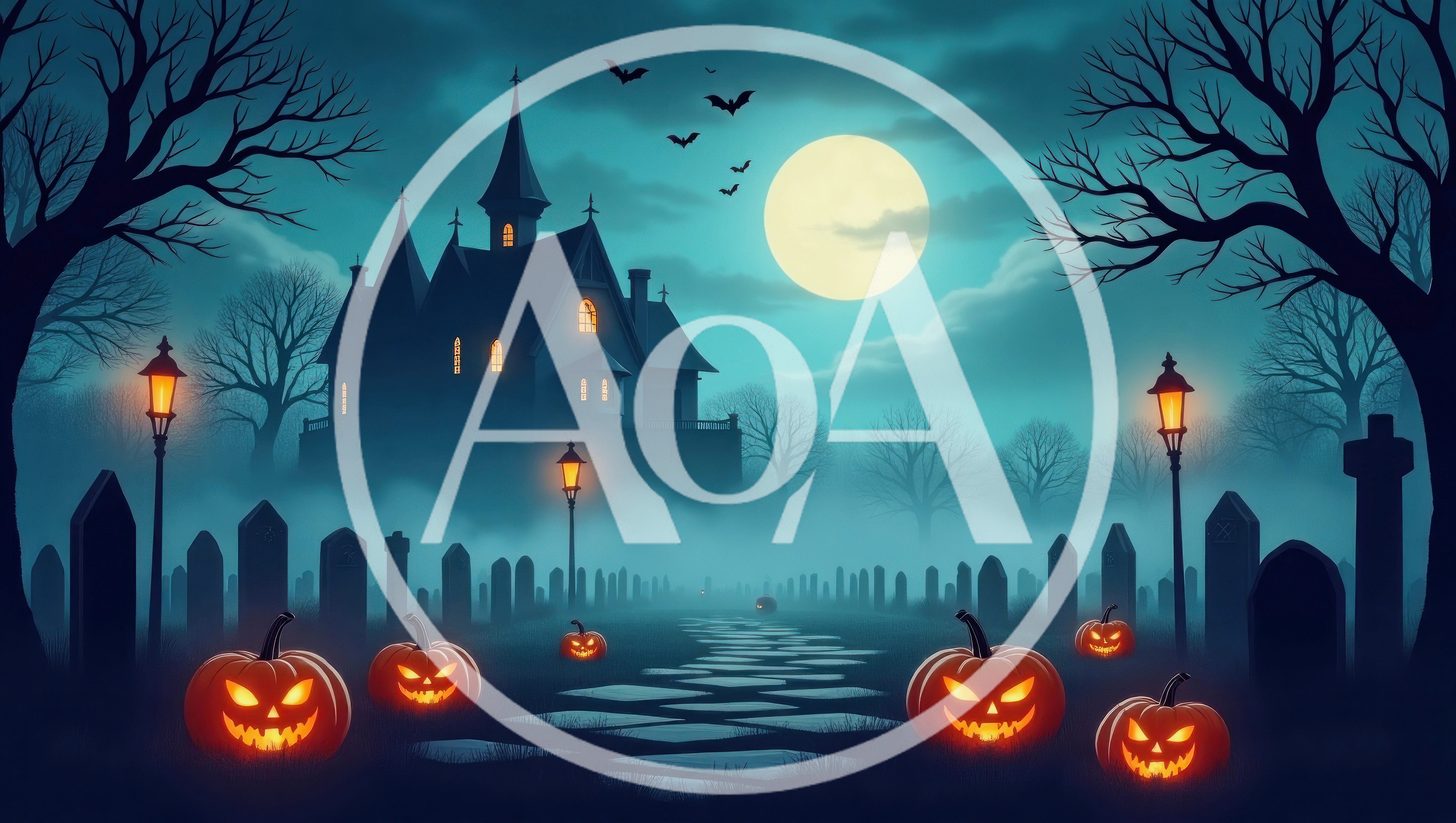 Spooky Halloween Graveyard With Haunted Mansion And Pumpkins