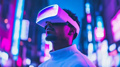 Young Man Wearing Virtual Reality Headset In Neon City