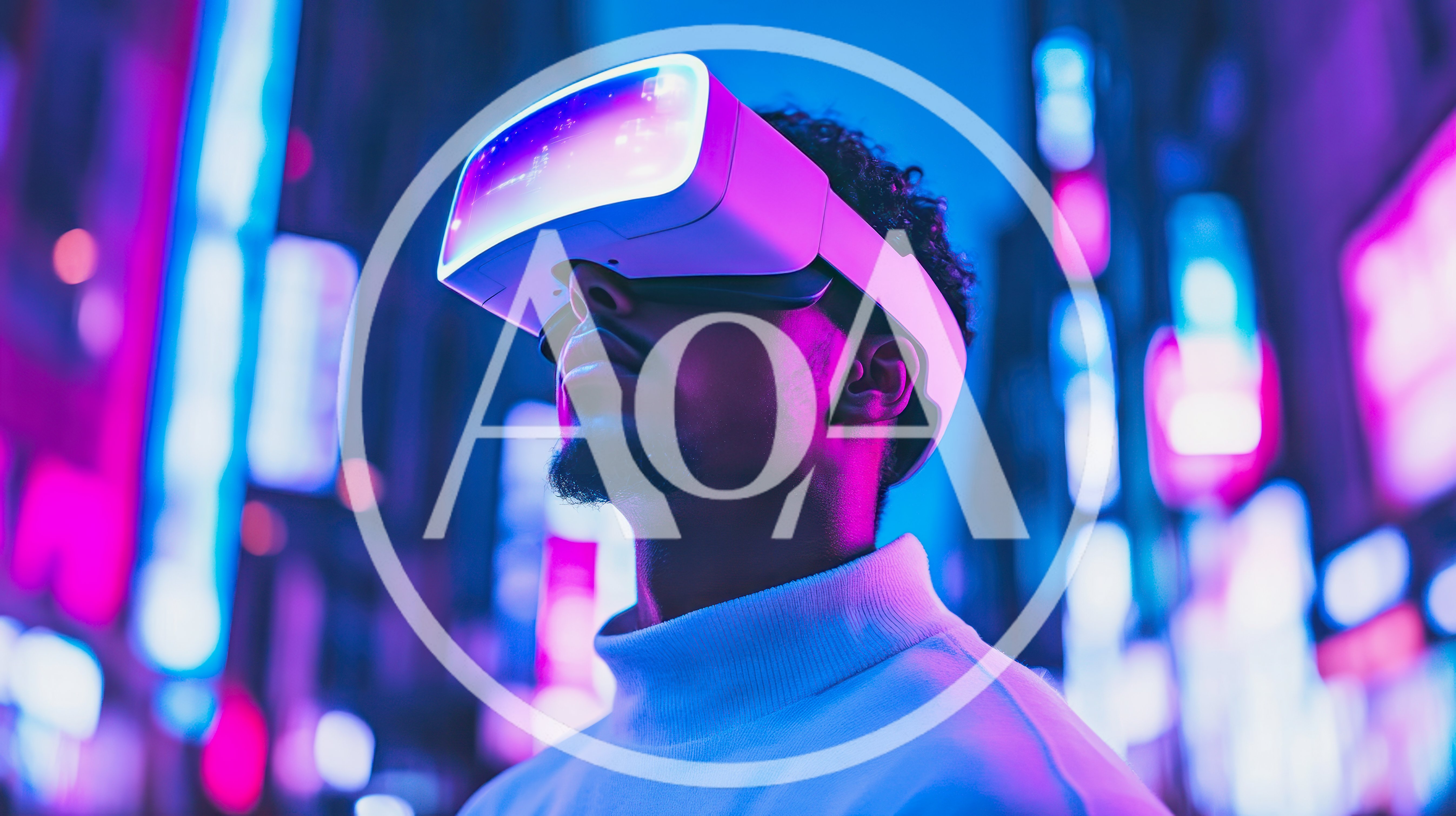 Young Man Wearing Virtual Reality Headset In Neon City