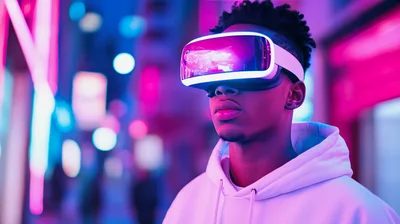 Young Man Wearing Virtual Reality Headset In Neon City