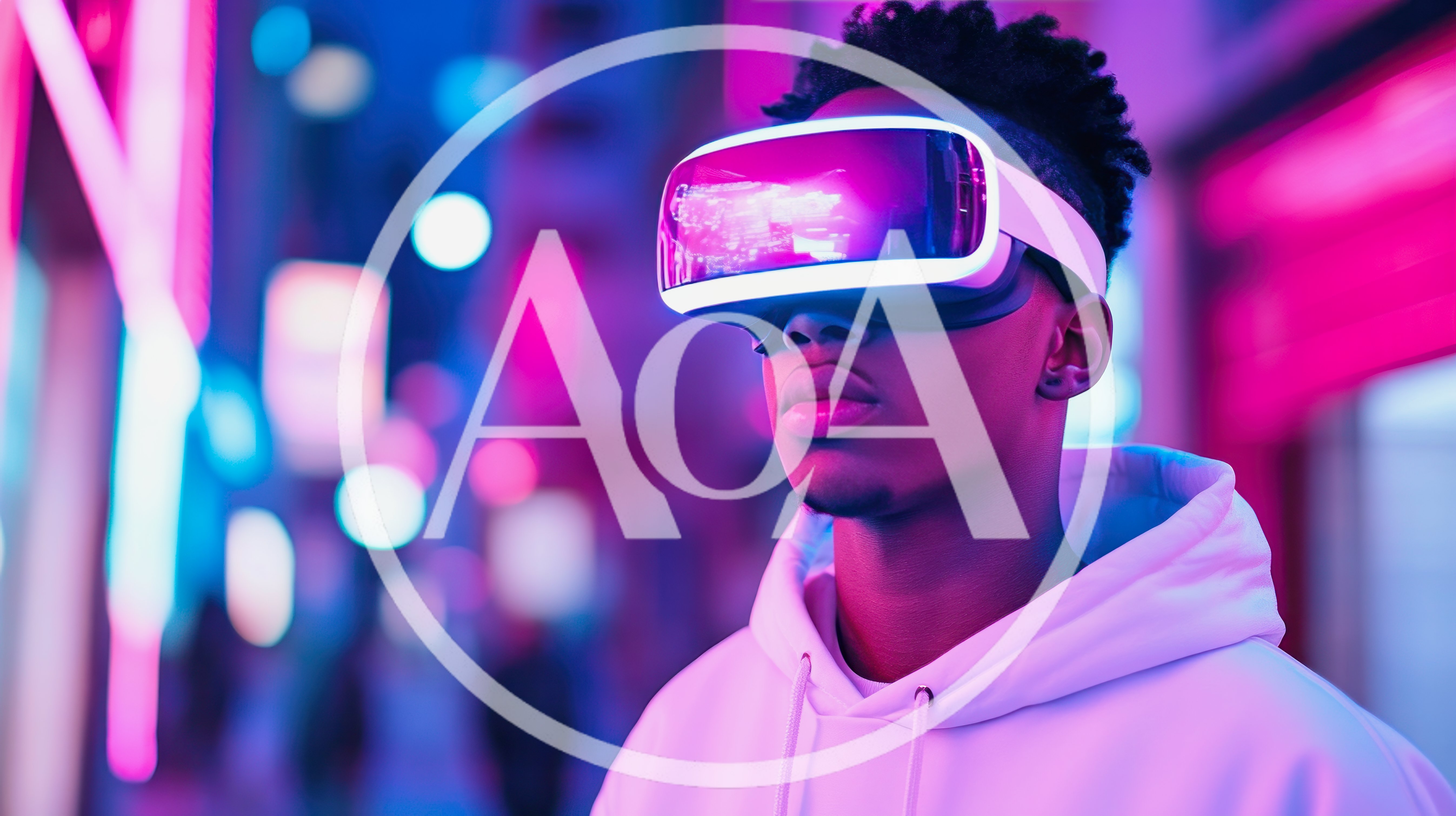 Young Man Wearing Virtual Reality Headset In Neon City