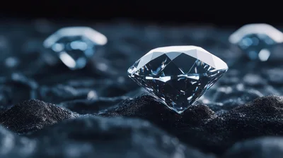 Brilliant Cut Diamonds Resting On Dark Volcanic Sand
