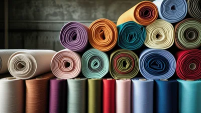 Colorful Fabric Rolls Stacked In A Textile Warehouse