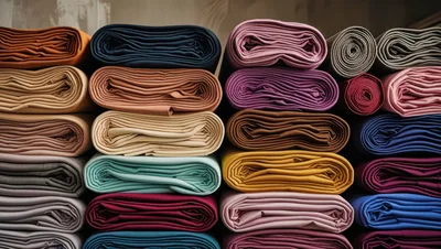 Stacked Rolls Of Colorful Fabric In A Textile Warehouse