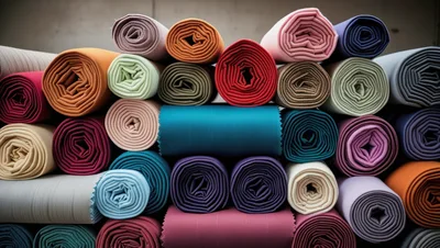 Stack Of Colorful Fabric Rolls In Textile Warehouse