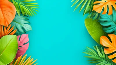 Tropical Leaves Border Frame on Cyan Background