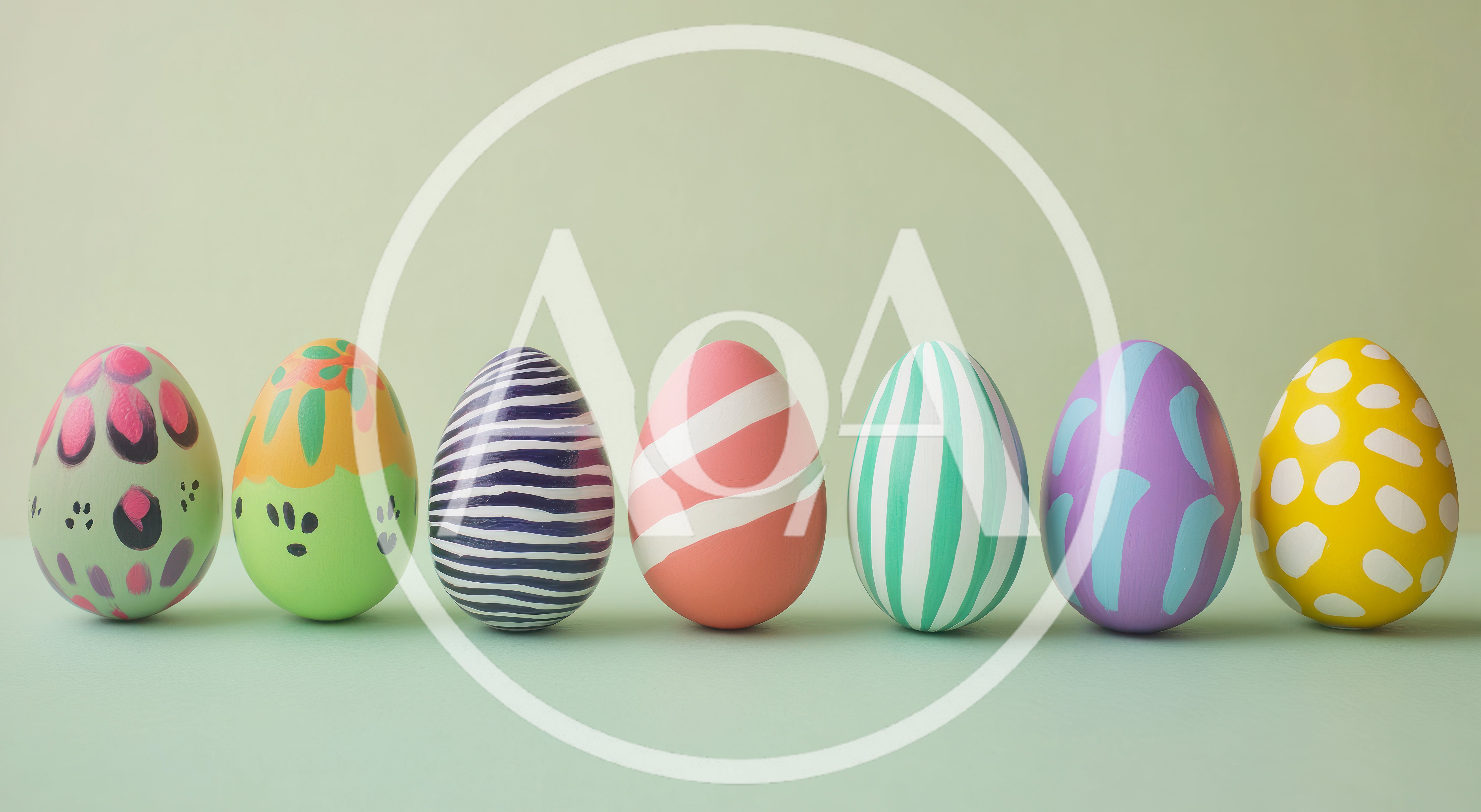 Seven Colorful Decorated Easter Eggs In A Row