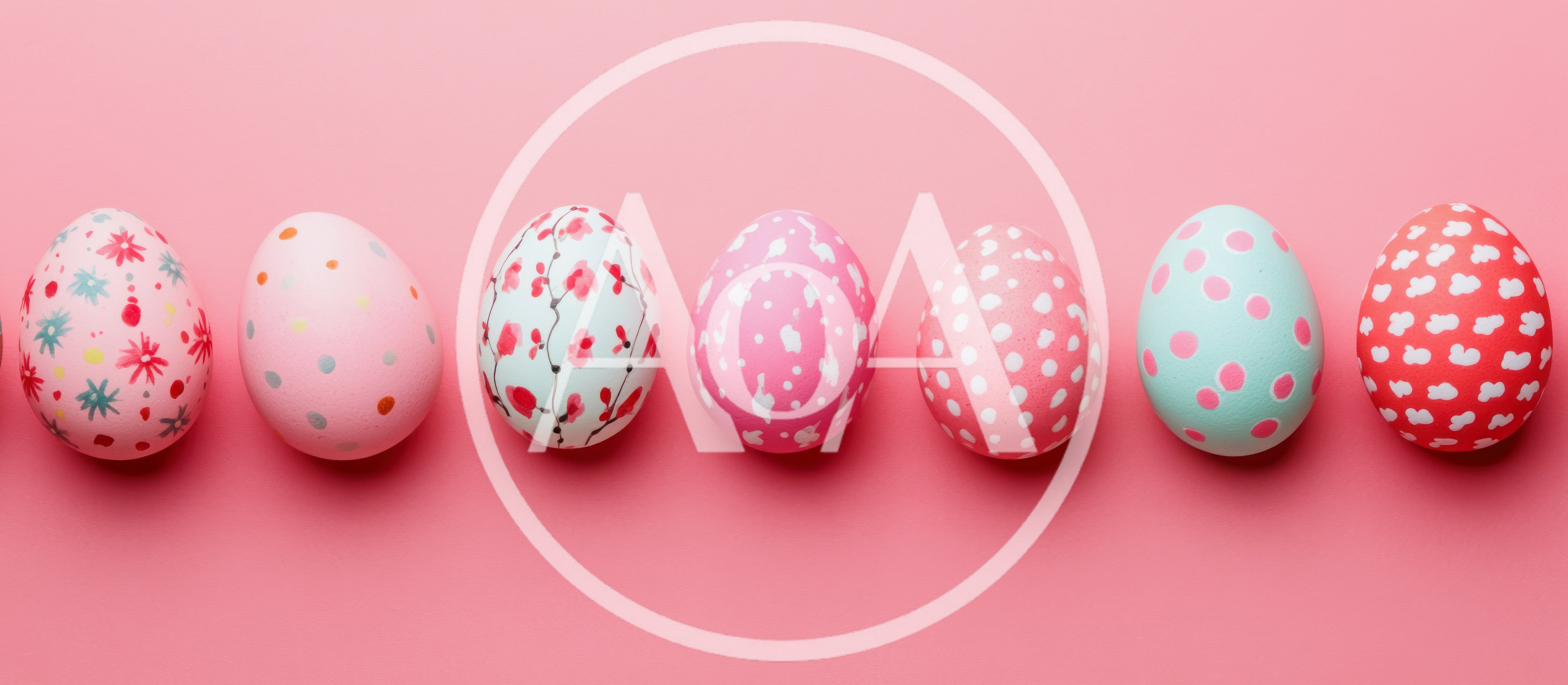 Row Of Decorative Easter Eggs On Pink Background