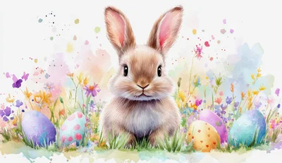Cute Easter Bunny Sitting Among Colorful Painted Eggs