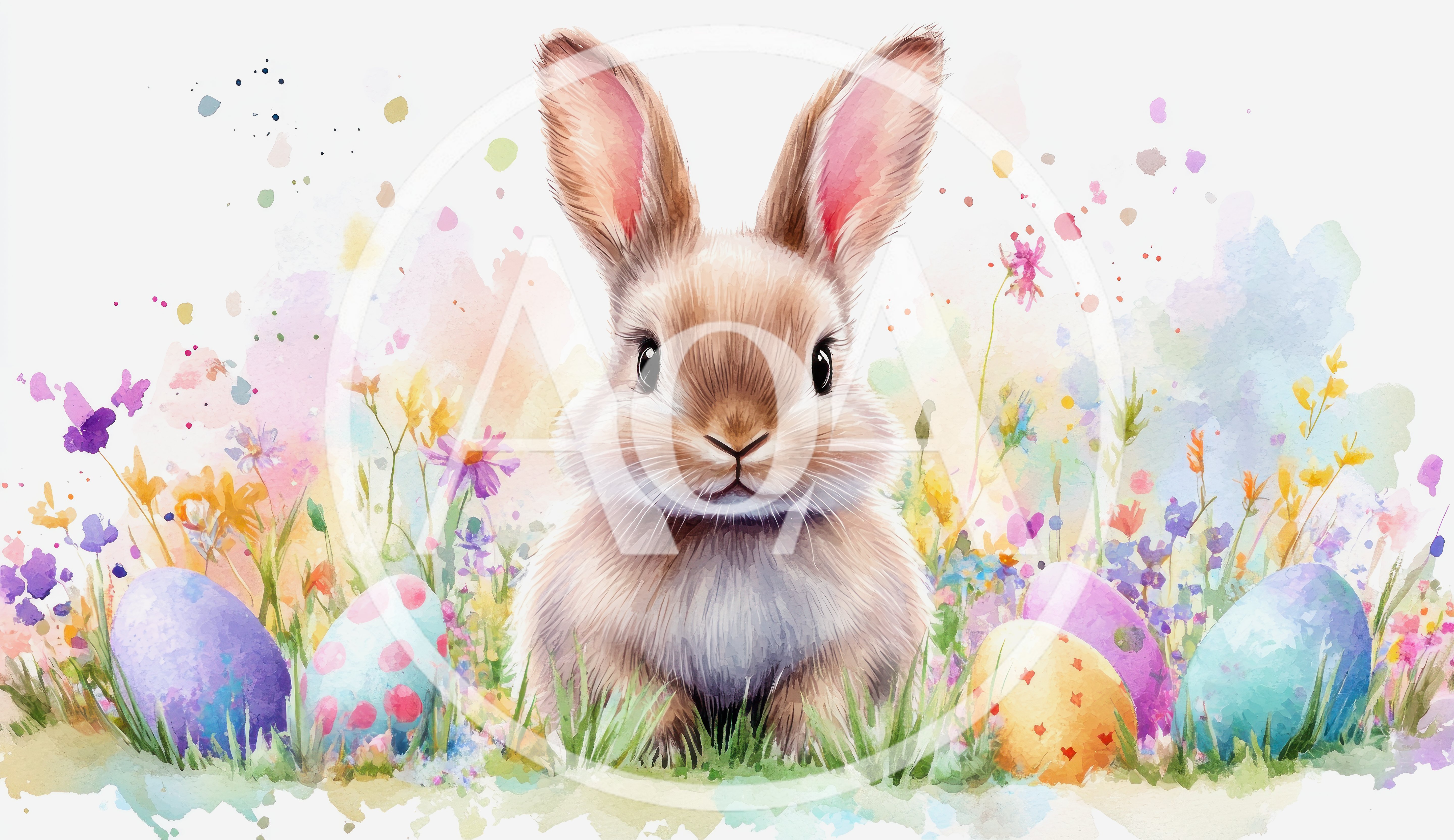Cute Easter Bunny Sitting Among Colorful Painted Eggs