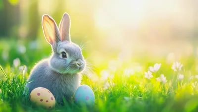 Cute Gray Bunny Sitting With Easter Eggs