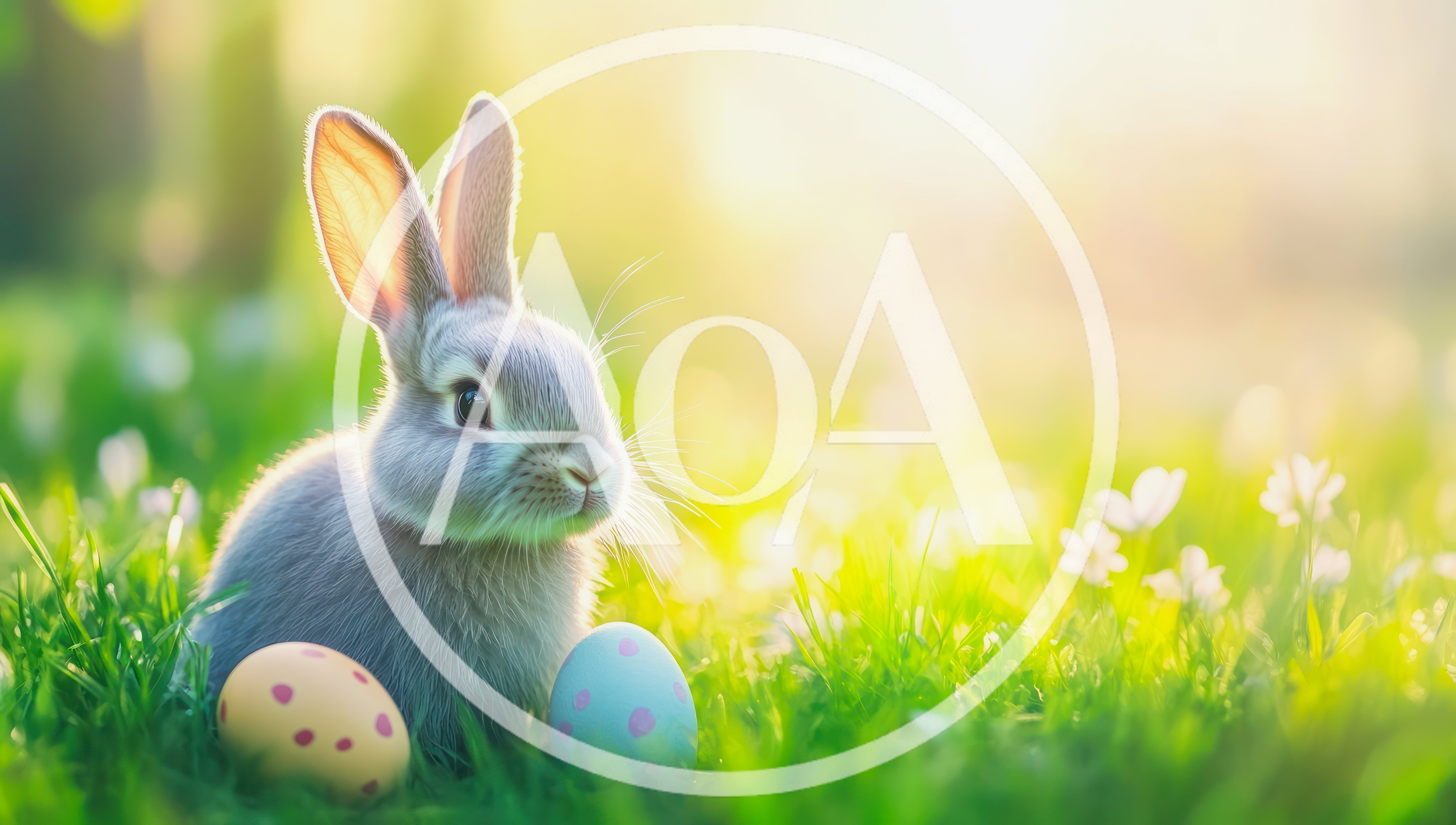 Cute Gray Bunny Sitting With Easter Eggs