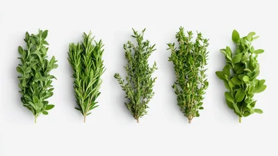 Fresh Culinary Herbs Arranged on White Background