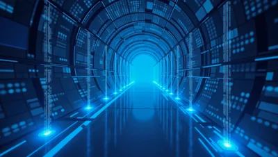 Digital Data Tunnel With Glowing Blue Binary Code