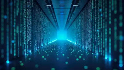 Digital Data Center Corridor With Glowing Binary Code