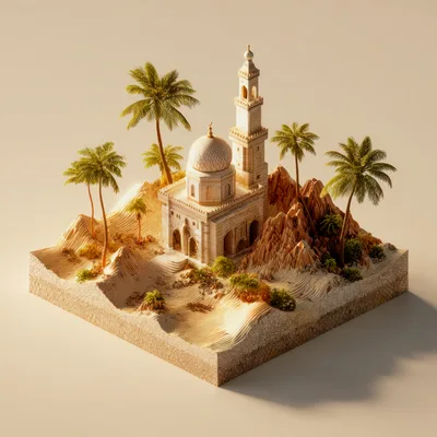 Isometric 3D Render Of A Desert Mosque Diorama