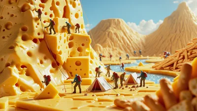 Miniature Climbers Scaling A Giant Swiss Cheese Mountain