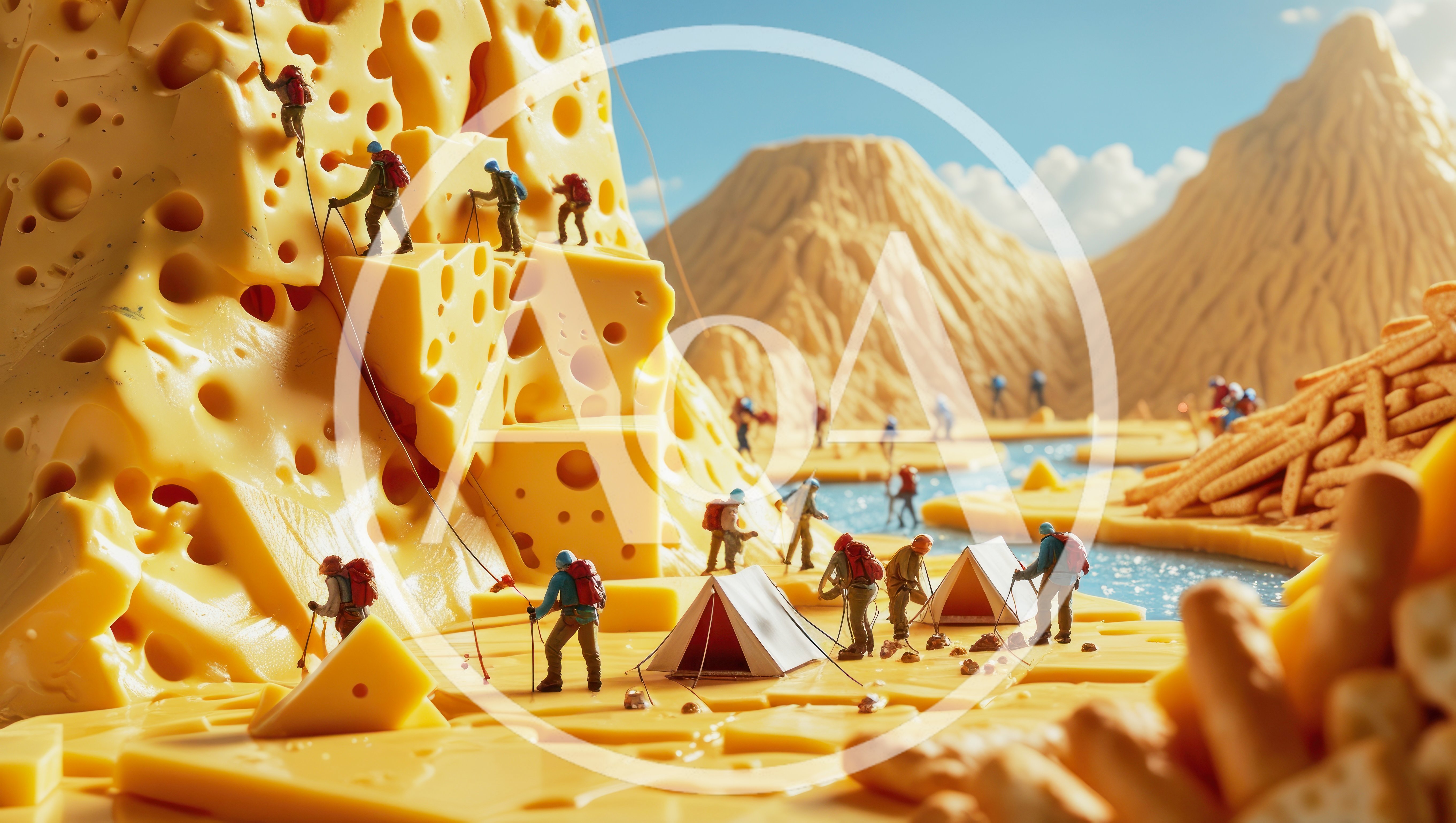 Miniature Climbers Scaling A Giant Swiss Cheese Mountain