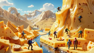 Miniature Hikers Exploring A Surreal Cheese Mountain Landscape