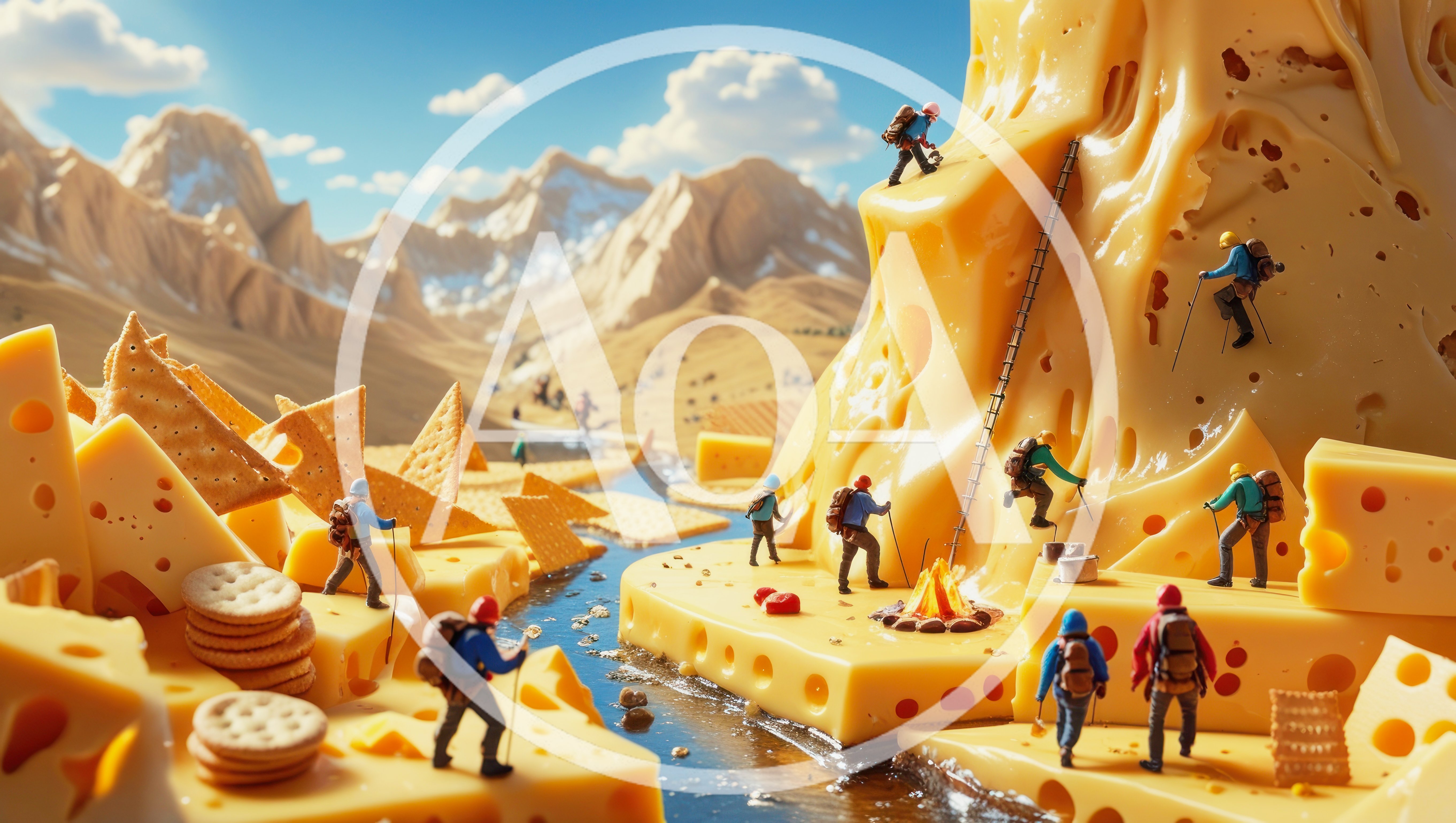 Miniature Hikers Exploring A Surreal Cheese Mountain Landscape