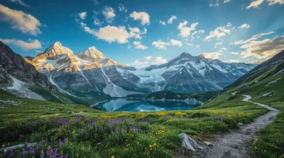 Scenic Alpine Landscape With Glacial Lake And Hiking Trail