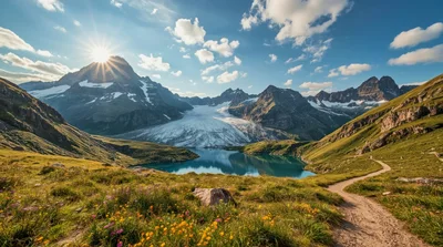 Alpine Landscape With Glacial Lake And Mountain Trail