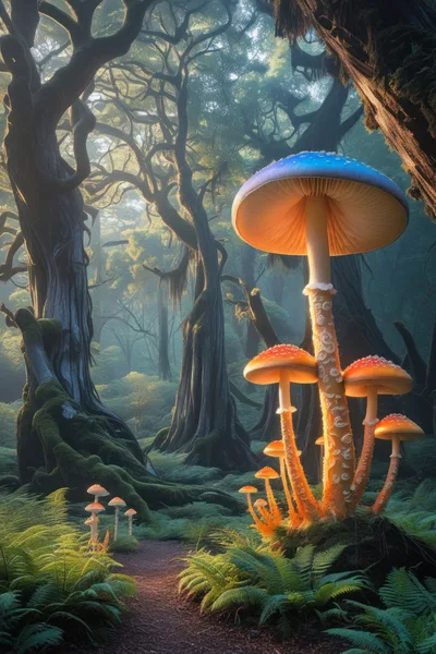 Giant Glowing Mushrooms In A Mystical Enchanted Forest