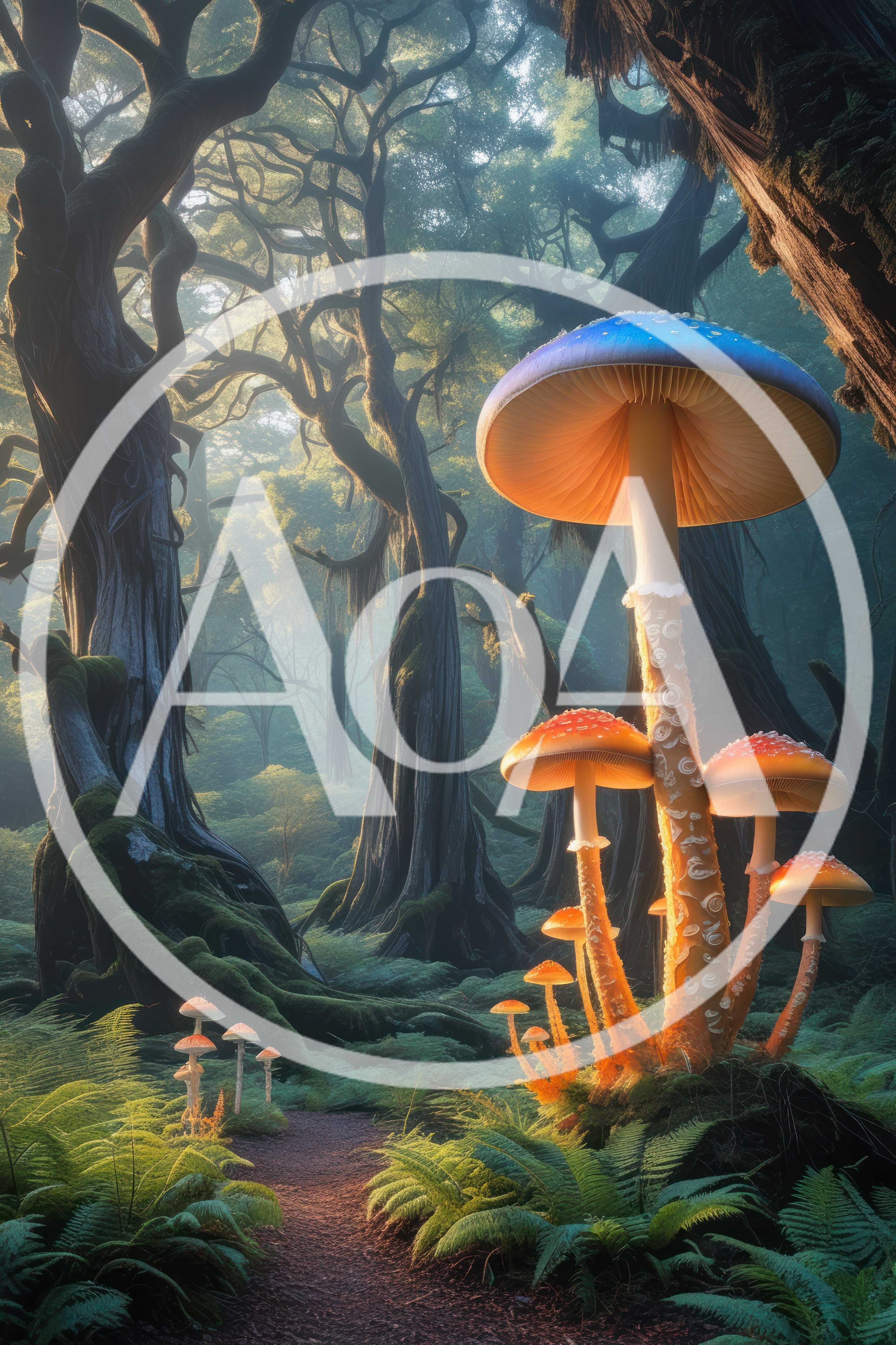 Giant Glowing Mushrooms In A Mystical Enchanted Forest