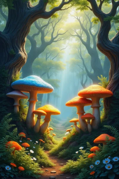 Enchanted Forest Path With Glowing Giant Mushrooms