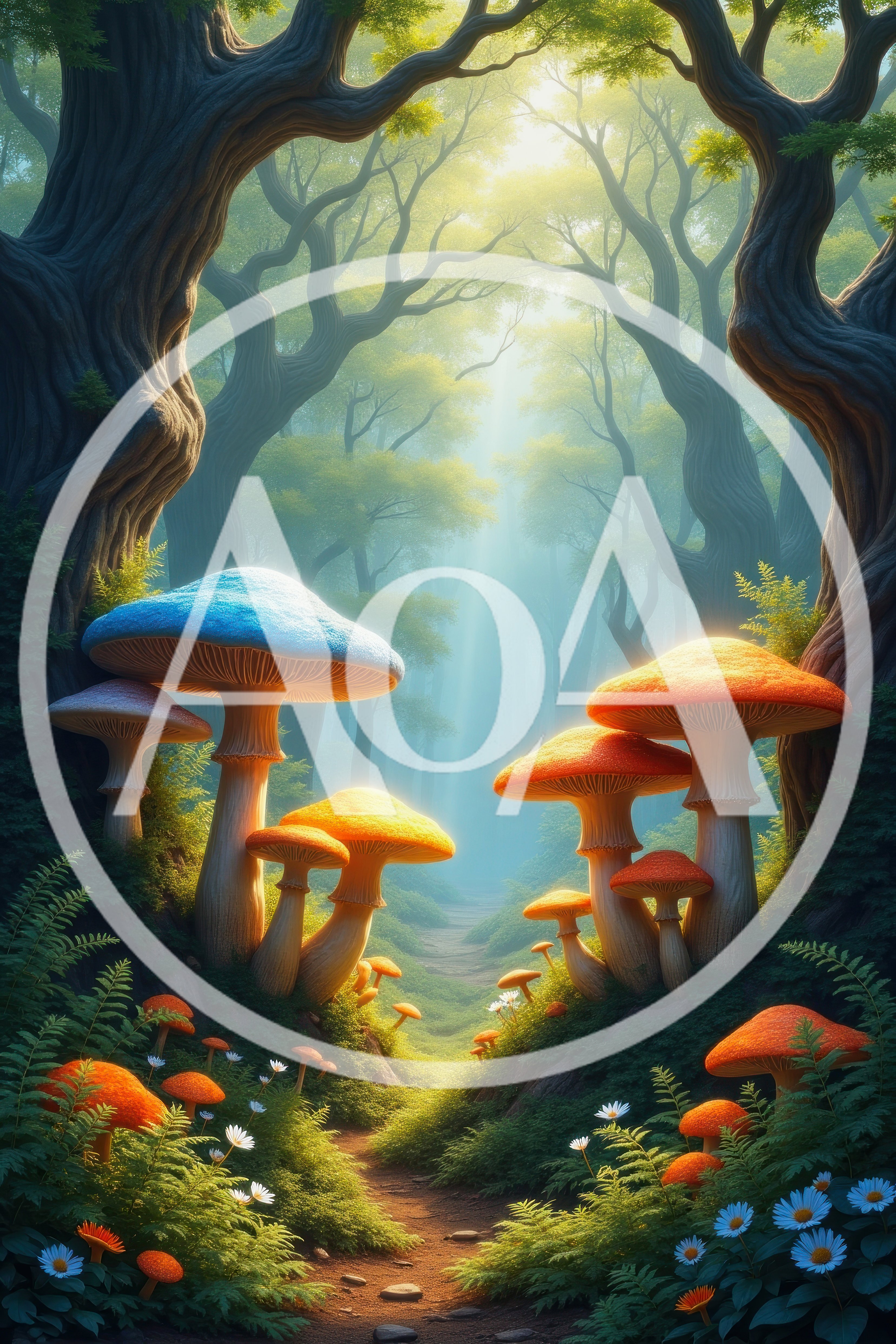 Enchanted Forest Path With Glowing Giant Mushrooms