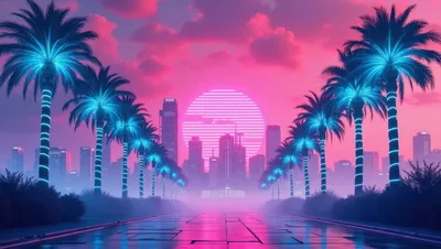 Synthwave Cityscape With Glowing Palm Trees At Sunset