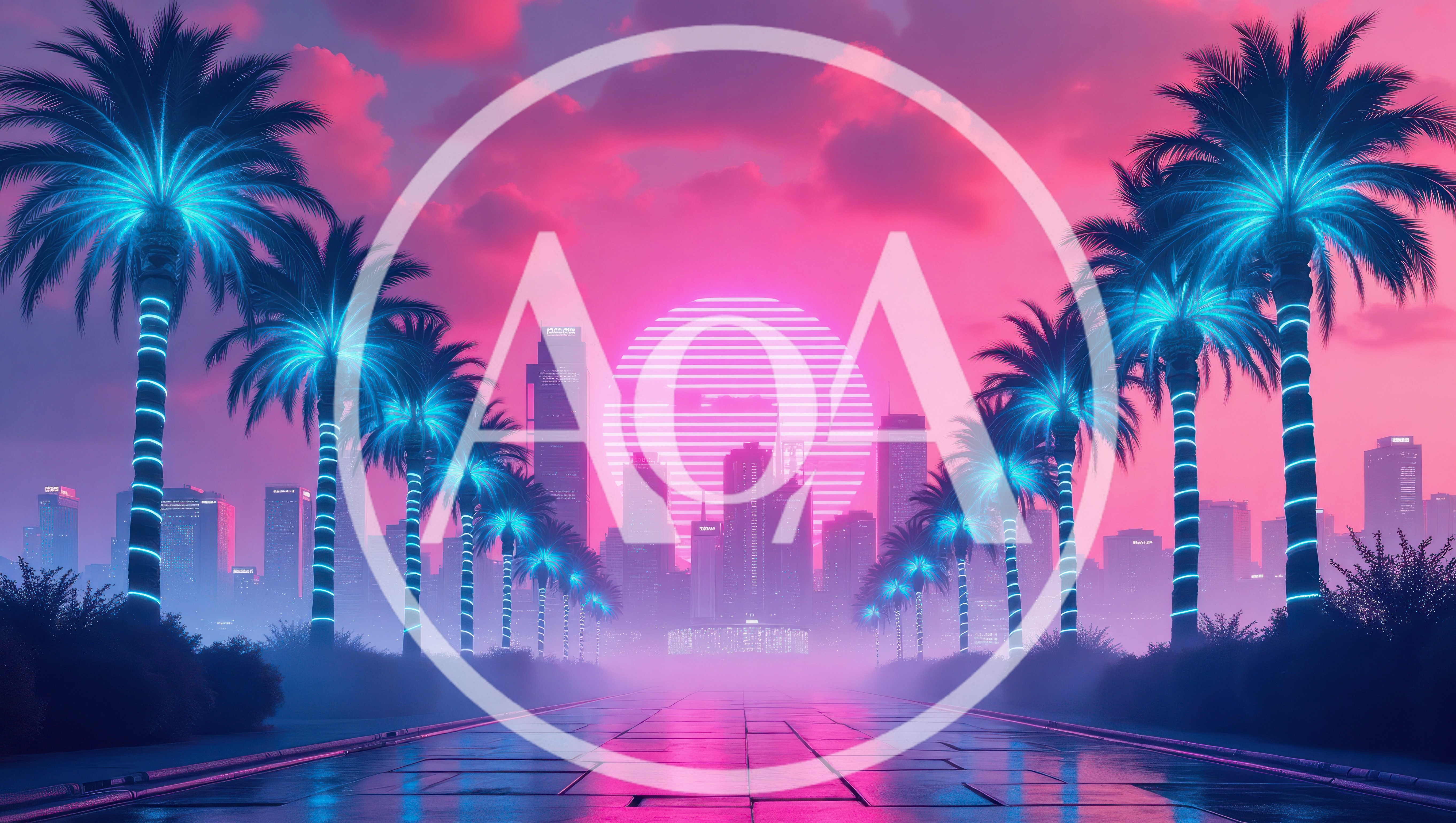 Synthwave Cityscape With Glowing Palm Trees At Sunset