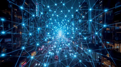 Digital Network Overlay Over A Busy City Street