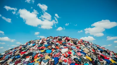Massive Pile Of Discarded Clothing Under Blue Sky