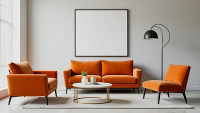 Modern Living Room With Orange Furniture And Blank Frame