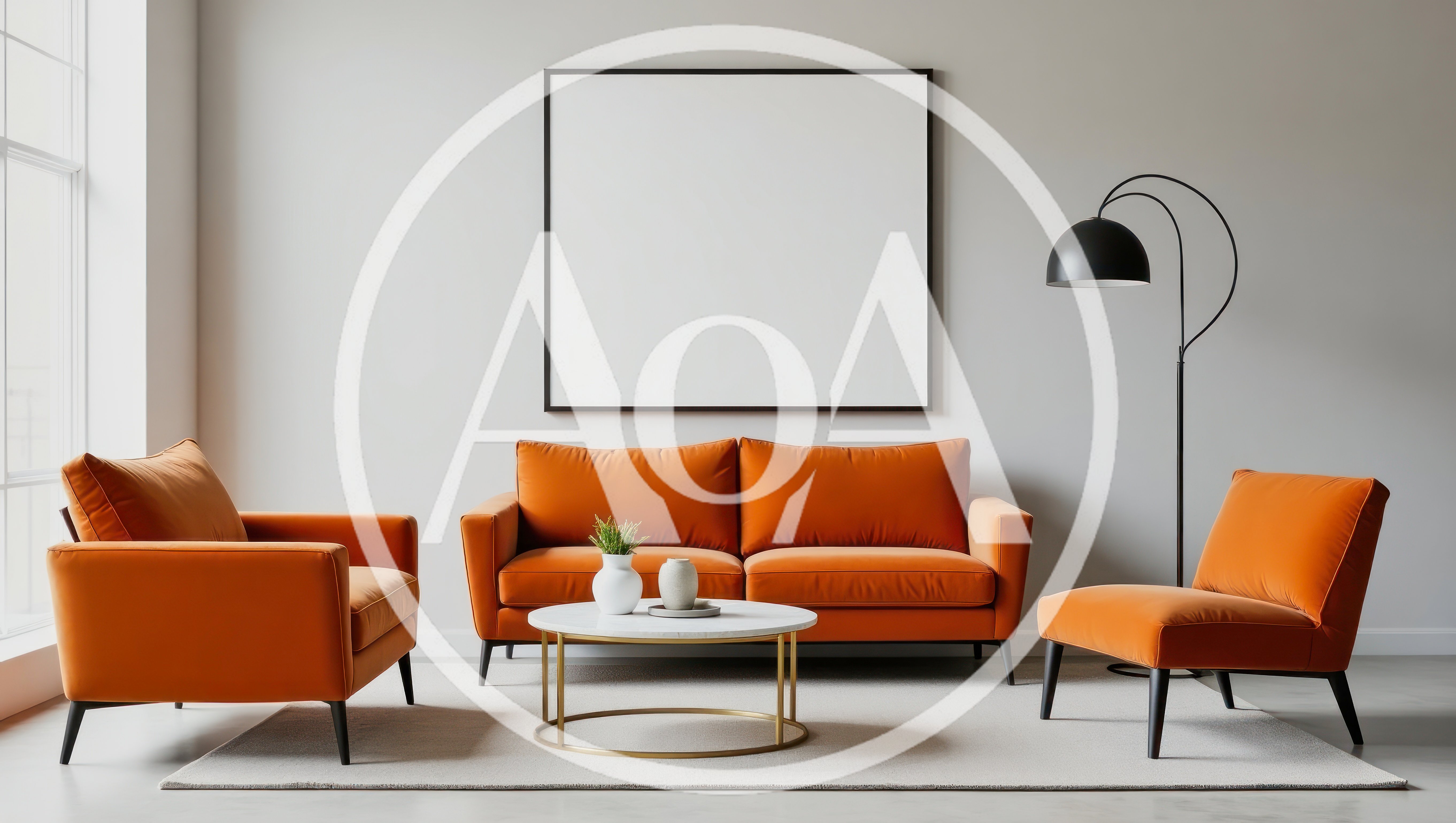 Modern Living Room With Orange Furniture And Blank Frame