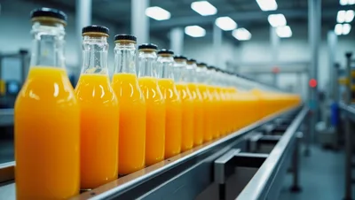 Orange Juice Bottles Moving Along Industrial Conveyor Belt