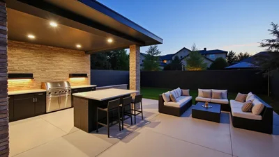 Modern Outdoor Kitchen And Patio Lounge At Dusk