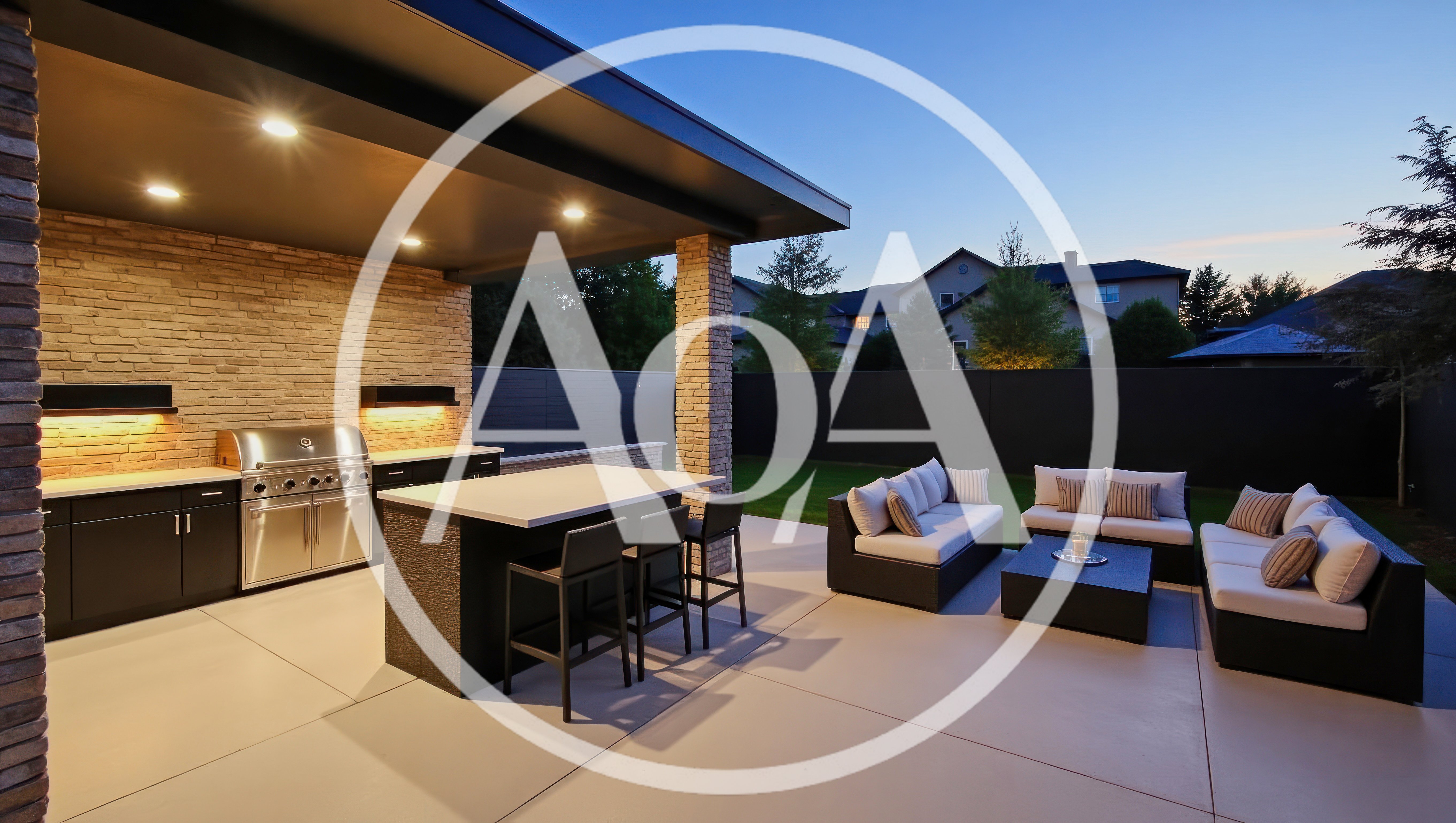 Modern Outdoor Kitchen And Patio Lounge At Dusk