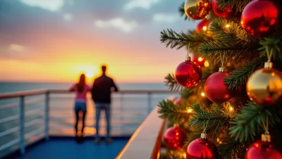 Couple Watching Sunset From Cruise Ship Deck With Christmas Tree