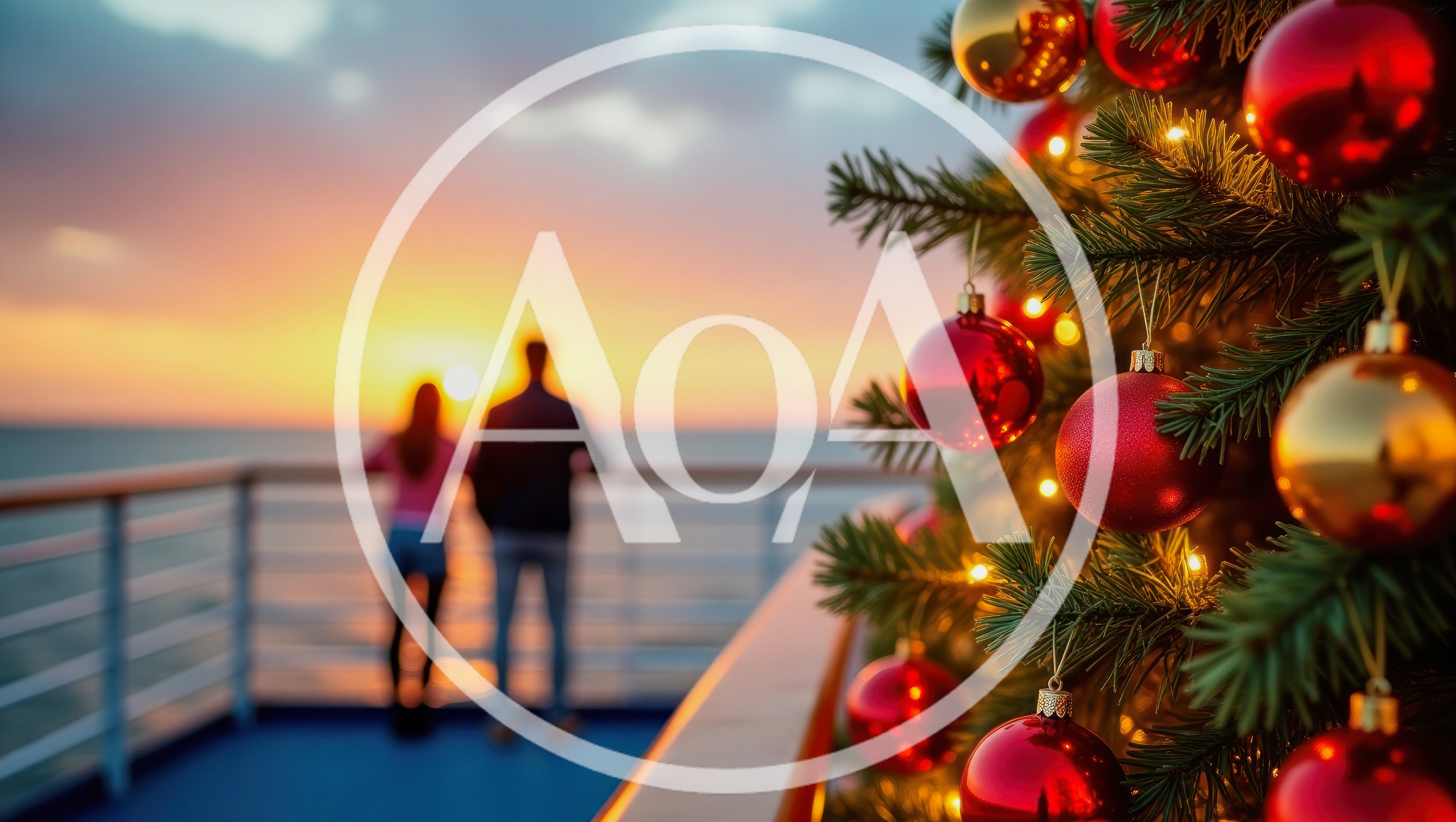 Couple Watching Sunset From Cruise Ship Deck With Christmas Tree