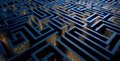 Abstract 3D Maze Structure With Glowing Golden Passageways