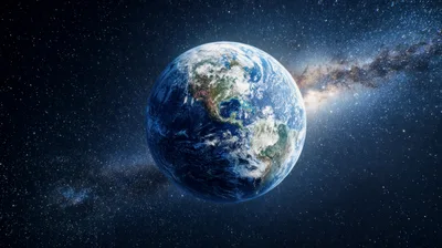Earth Planet Floating In Deep Space With Milky Way