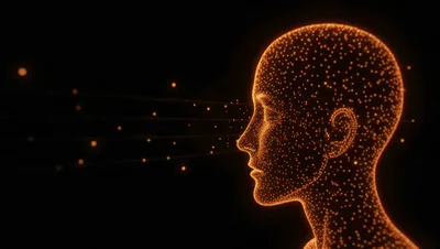 Digital Human Head Made Of Glowing Orange Particles
