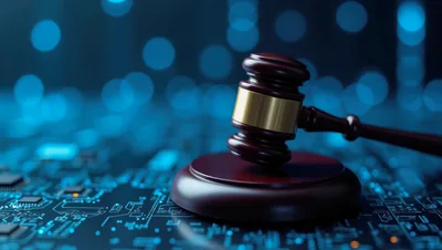 Wooden Gavel Resting On A Digital Circuit Board