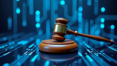 Wooden Judge Gavel Resting On Digital Circuit Board